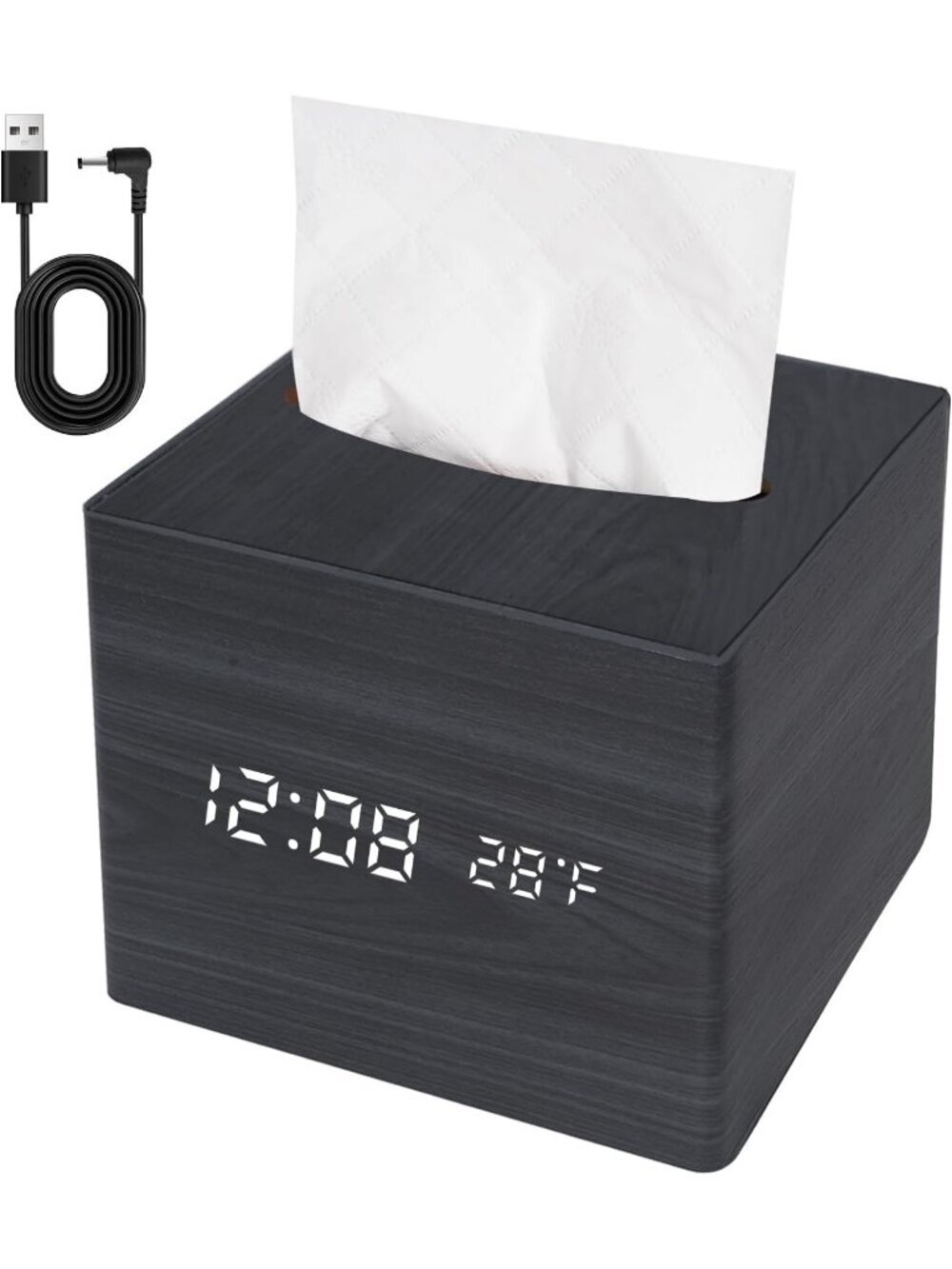 Home Black Digital Cordless Alarm Temperature Display Wooden Tissue Box Clock